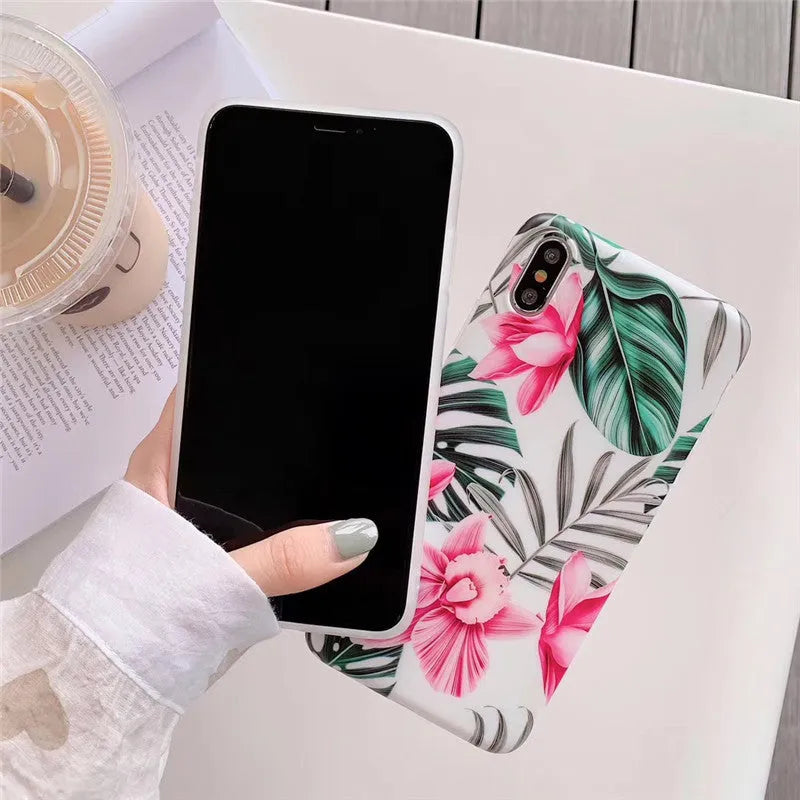 Pink floral pattern TPU phone case for iPhone models on white background