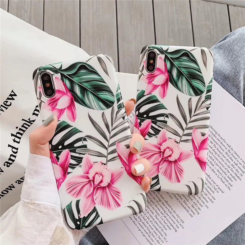 Pink floral pattern TPU phone case for iPhone models on white background