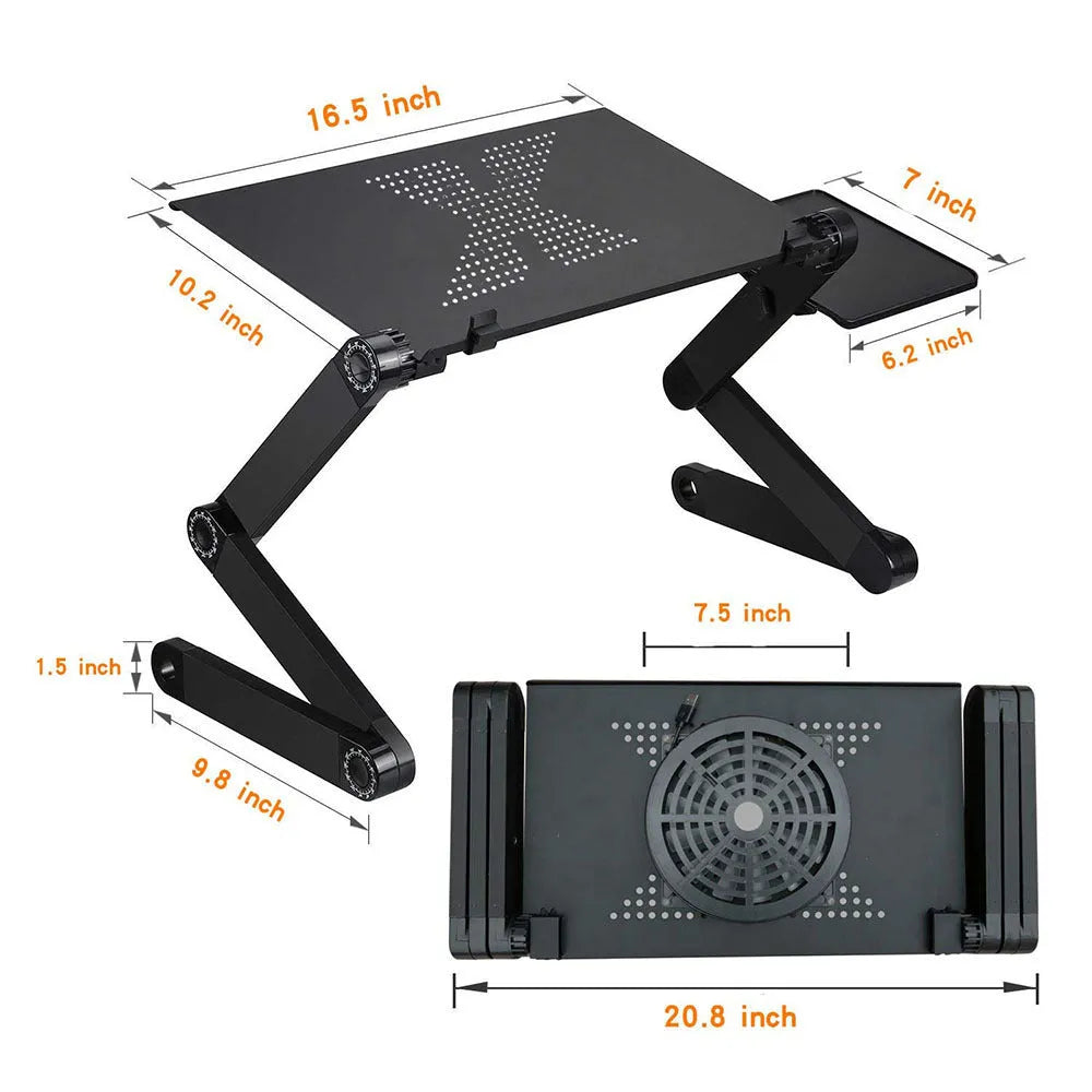 Adjustable laptop table stand in black with mouse panel and built-in USB fan, folding aluminium-magnesium alloy frame, 42 x 26 x 45-49 cm