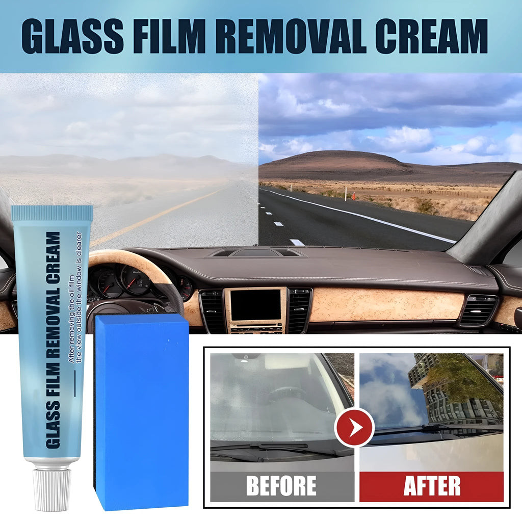 Blue sponge and bottle of car glass oil film remover cleaner on a car windscreen.
