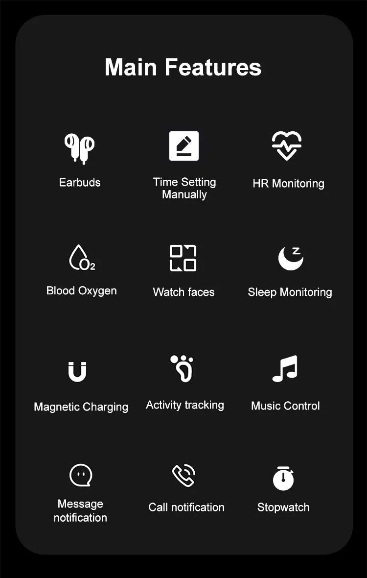 Black two-in-one Bluetooth smart watch with TFT touchscreen and headset for calls, heart rate and blood pressure monitoring