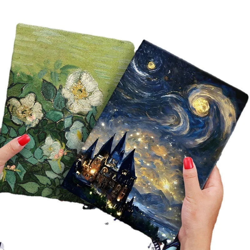 Handmade liquid silicone iPad flip case with floral oil painting artwork in Apricot Flower colour.