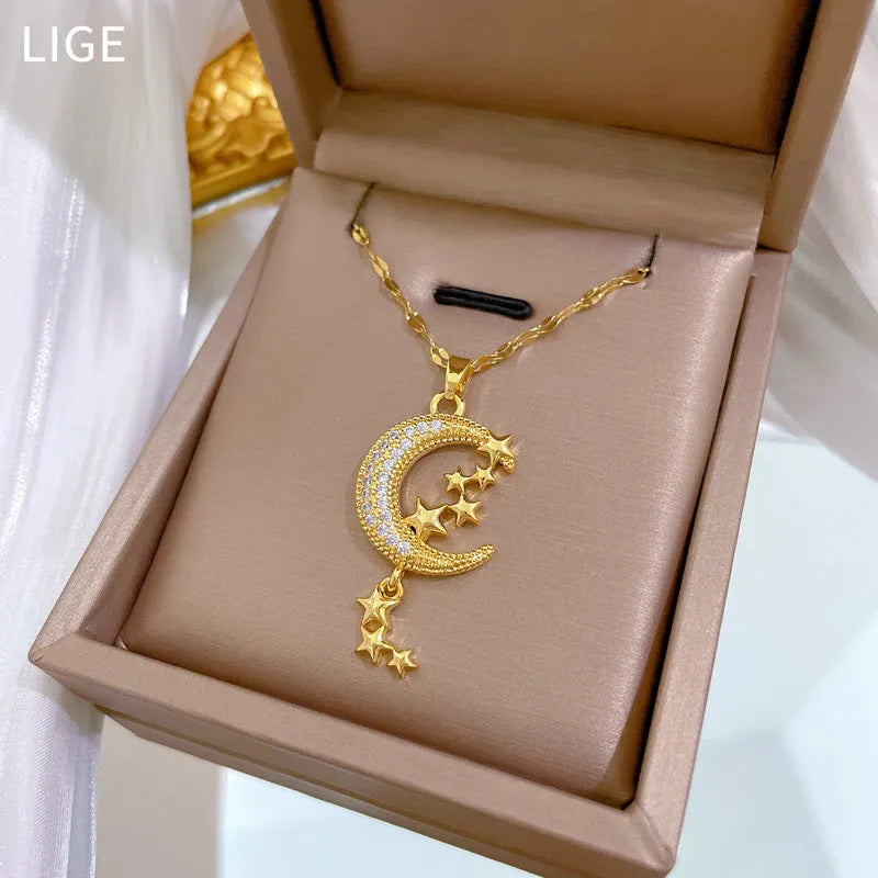 Stainless steel moon pendant necklace with geometric diamond pattern and copper accent