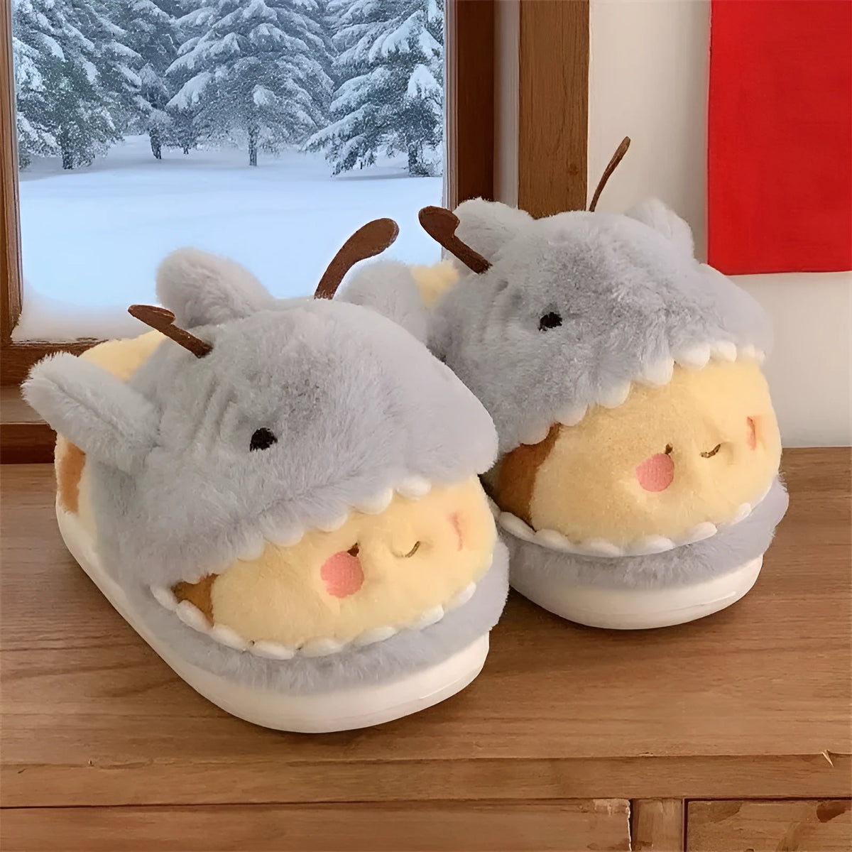 Yellow gray shark and bee cotton slippers for men and women with artificial plush upper, EVA sole, and bag heel for winter home use
