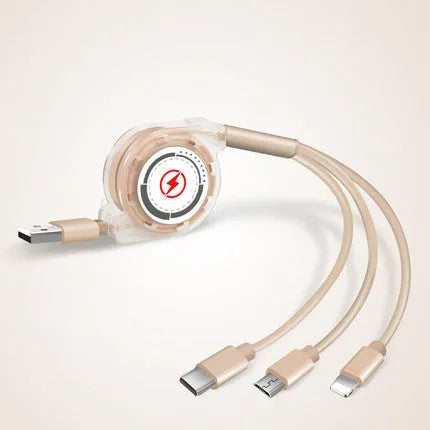 3 in 1 telescopic charging cable extended to show titanium alloy connectors and TPE wire body