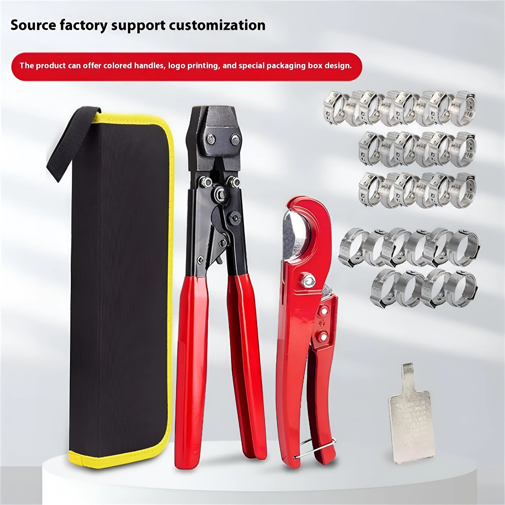 Red cloth PEX clamp set with carbon steel cutting edge for secure plumbing connections