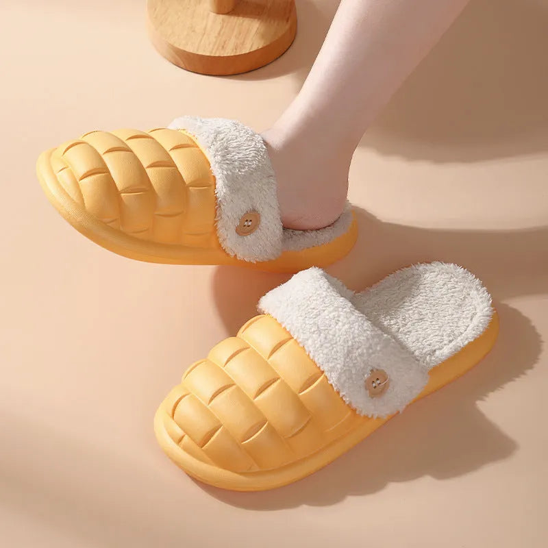 Women's detachable plaid slippers with plush lining and EVA anti-skid sole in multiple colours.