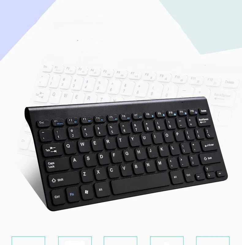 Black and white wireless keyboard and mouse set showing 78 keys and 4 mouse buttons