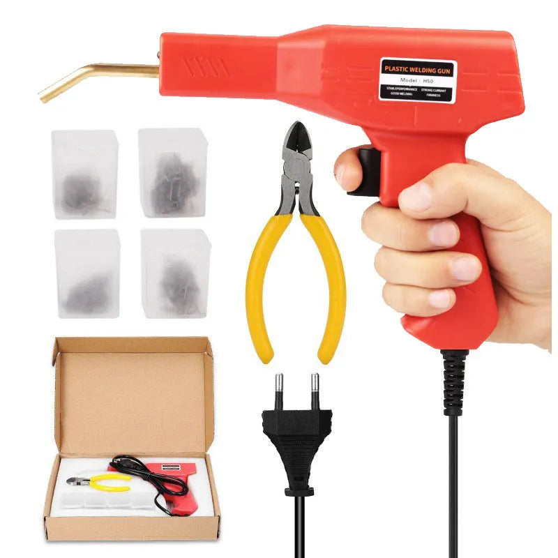 Red plastic welding gun host with pure copper transformer, 4 types of nails, pliers knife and black plastic box for bumper repair