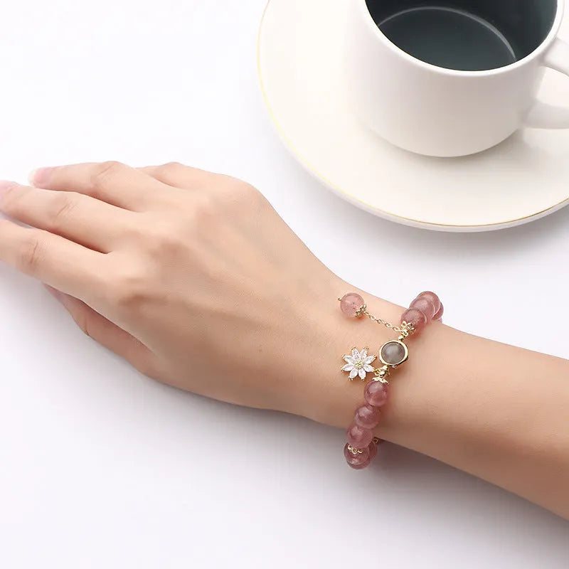 Mori style strawberry quartz crystal bracelet with electroplated finish and floral elements
