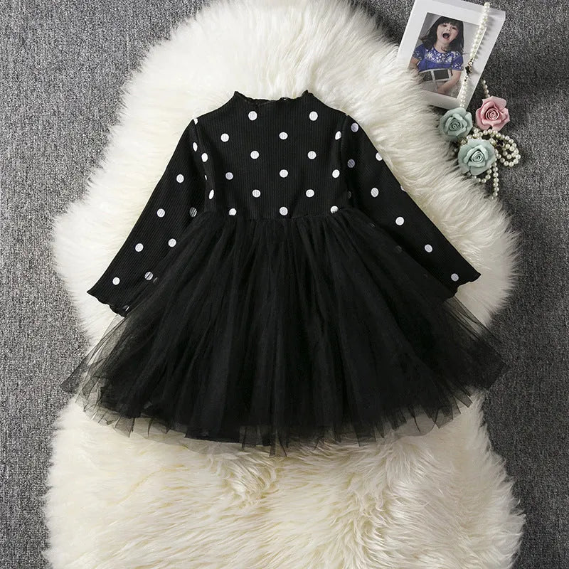Baby girls long sleeve lace tutu dress in black, pink, or white for 1st birthday parties and christenings