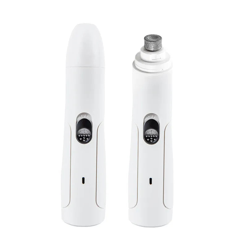 Electric pet nail trimmer in black or white with ABS body, USB charging cable and nail polisher for pet grooming.