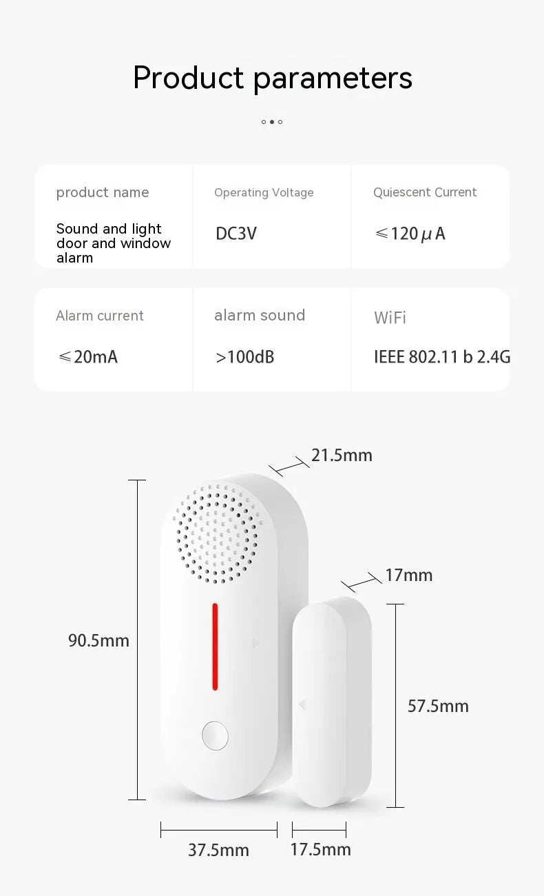 WiFi door magnetic sensor alarm with acousto-optic alert system for smart home security