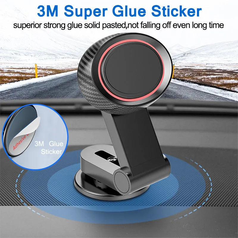 Black 360-degree rotating magnetic car phone holder with extendable arm on dashboard