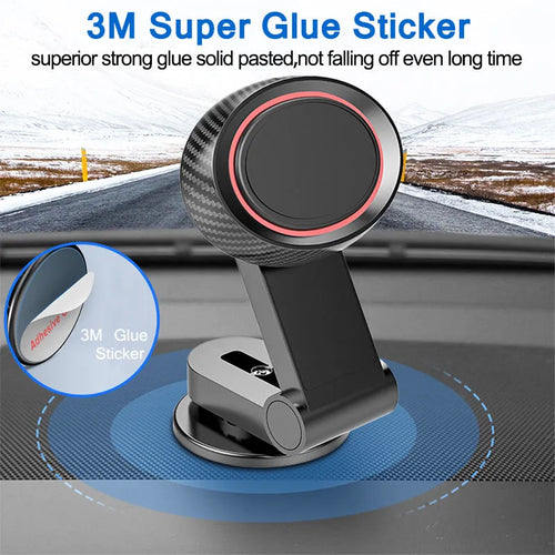 Black 360-degree rotating magnetic car phone holder with extendable arm on dashboard