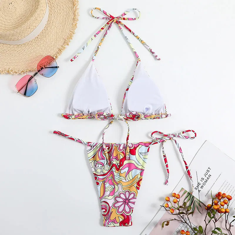 Multicolour geometric print triangle bikini set for women with adjustable neck strap.