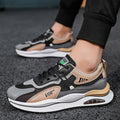 Men's gray and black breathable mesh casual running shoes with a round toe and EVA sole.