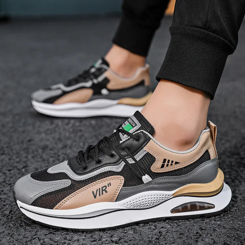 Men's gray and black breathable mesh casual running shoes with a round toe and EVA sole.
