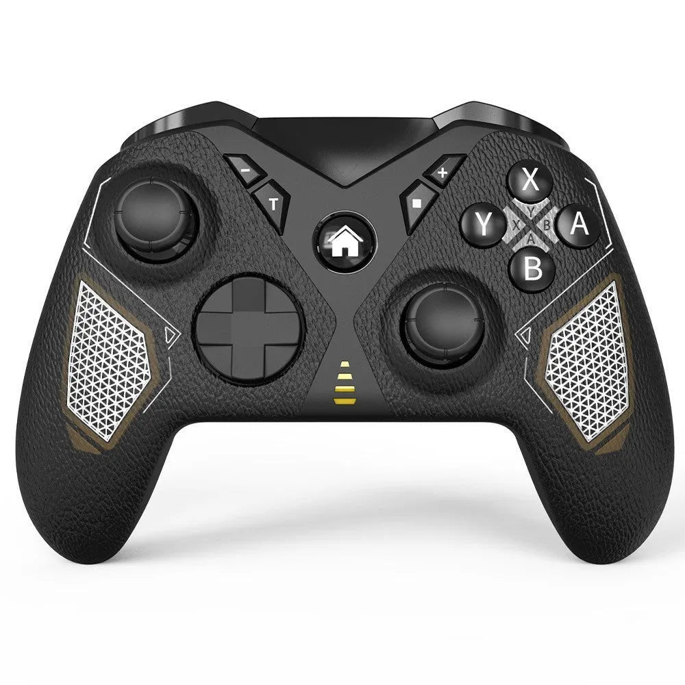 Black wireless game controller with leather-pattern grip for Nintendo Switch and PC.