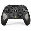 Black wireless game controller with leather-pattern grip for Nintendo Switch and PC.
