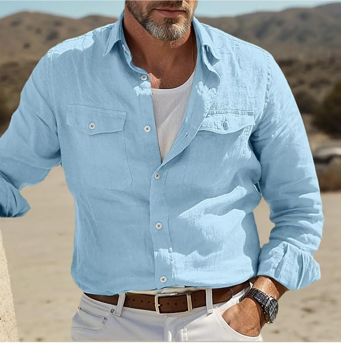 Men's long-sleeved cotton linen summer shirt in loose fit on hanger
