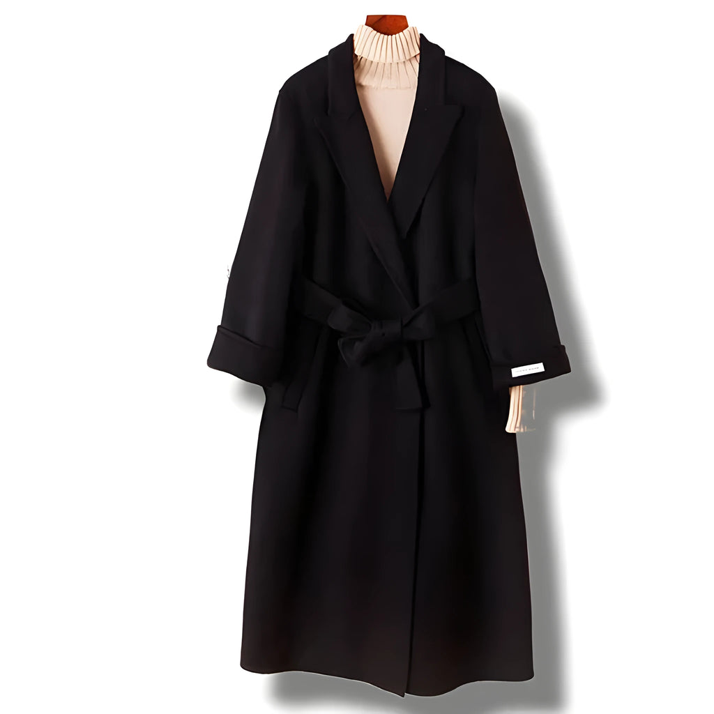 Long wool coat with suit collar in black and caramel colour options for formal wear