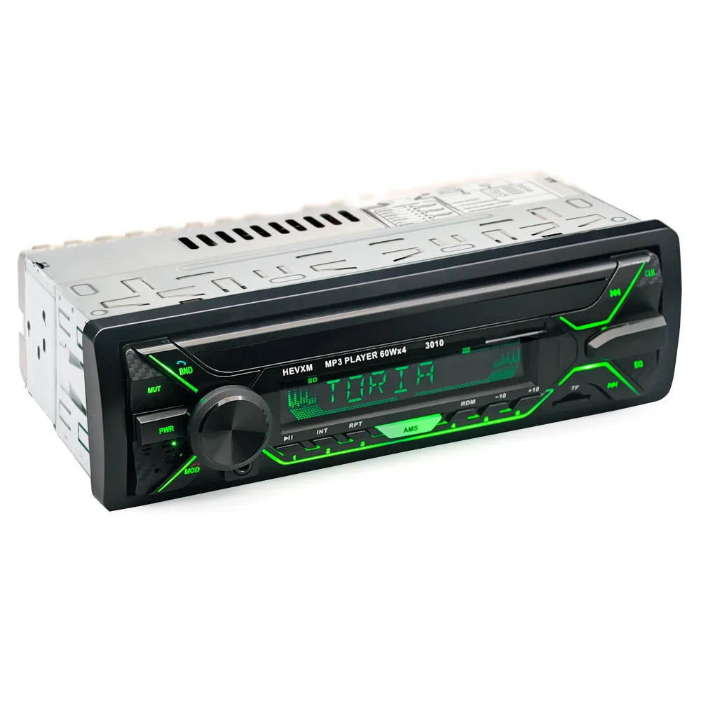 Car radio MP3 player with Bluetooth, LCD display, rotary volume knob, and multiple input ports