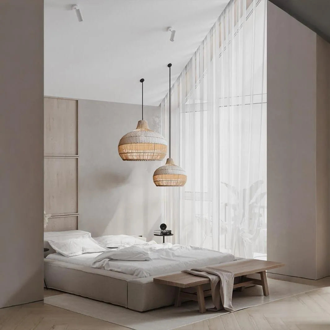 Woven rattan chandelier with a 60cm diameter in a pastoral Southeast Asian Silent Wind style.