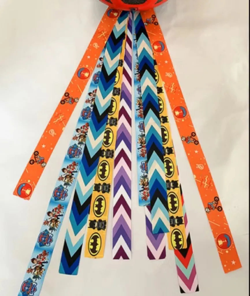 Children's helmet decorative streamer ribbon in multiple colour options for safety gear personalisation