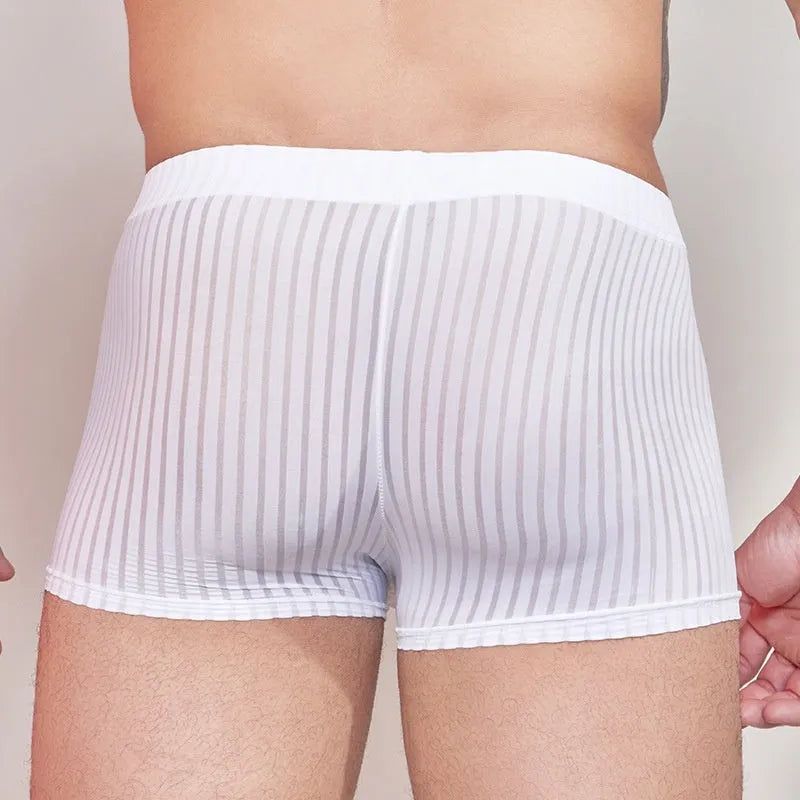 Men's black and white striped low-rise nylon briefs on a flat surface