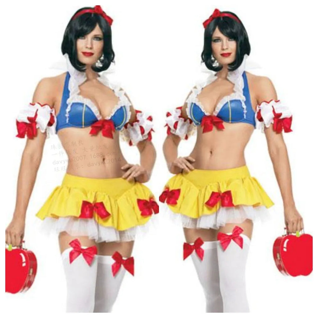 Snow White anime costume dress set with headdress, top, short skirt, and sleeves for cosplay
