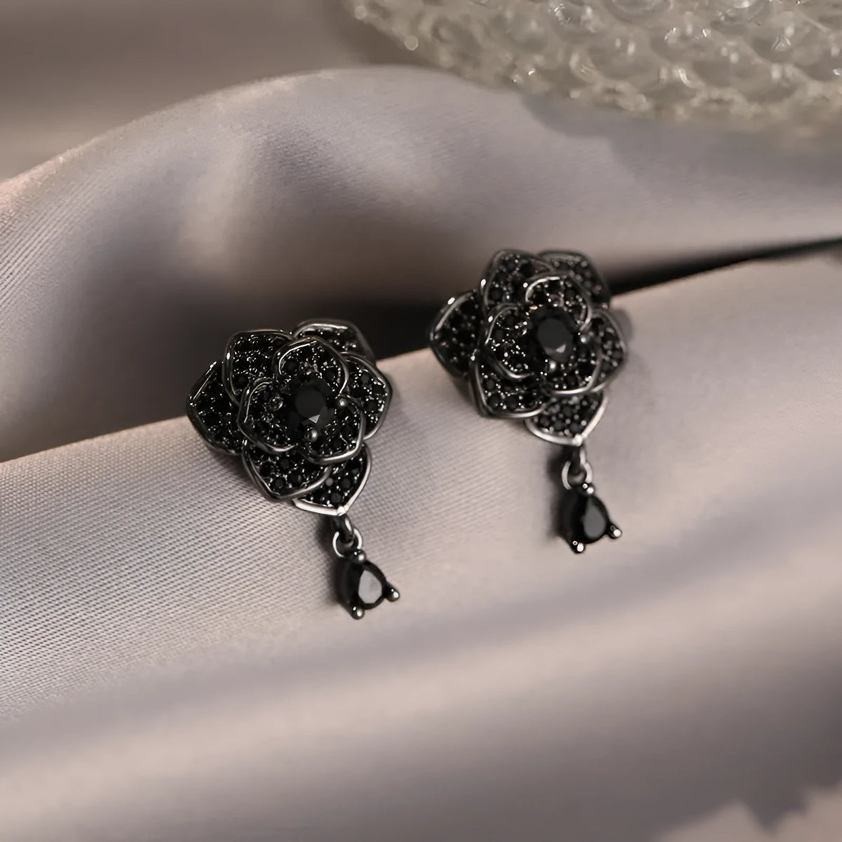Black rose zircon stud earrings with flower shape and gold electroplated finish