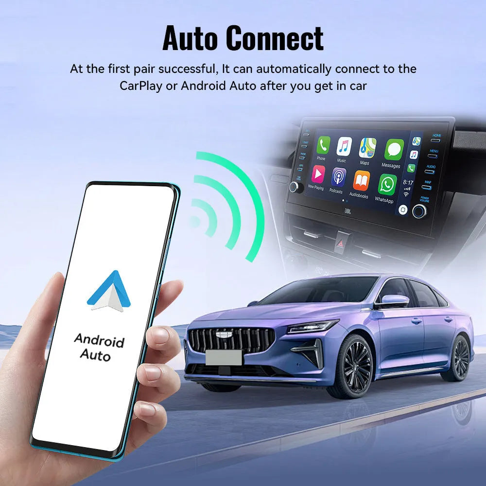 Small black 2-in-1 USB car adapter for wireless CarPlay and data transfer on a dark surface.