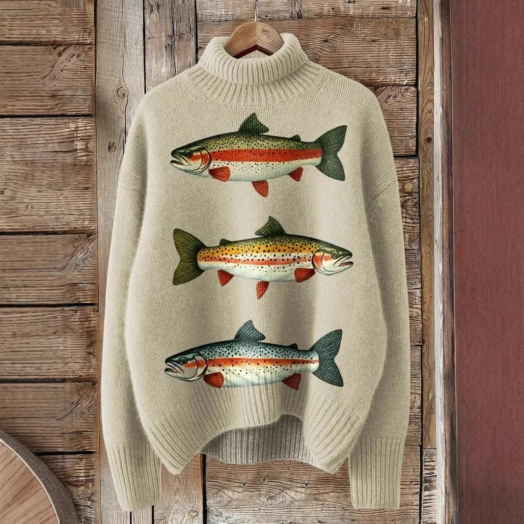Women's Christmas printed turtleneck sweater with painting pattern on thick knit polyester fabric