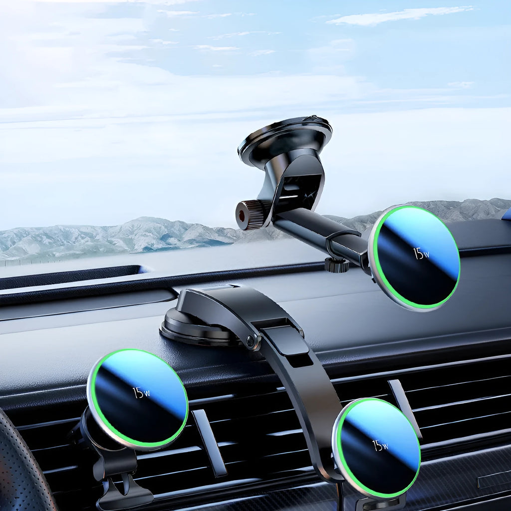 Magnetic wireless charging car bracket with suction cup mount for air outlet or dashboard, 15W output