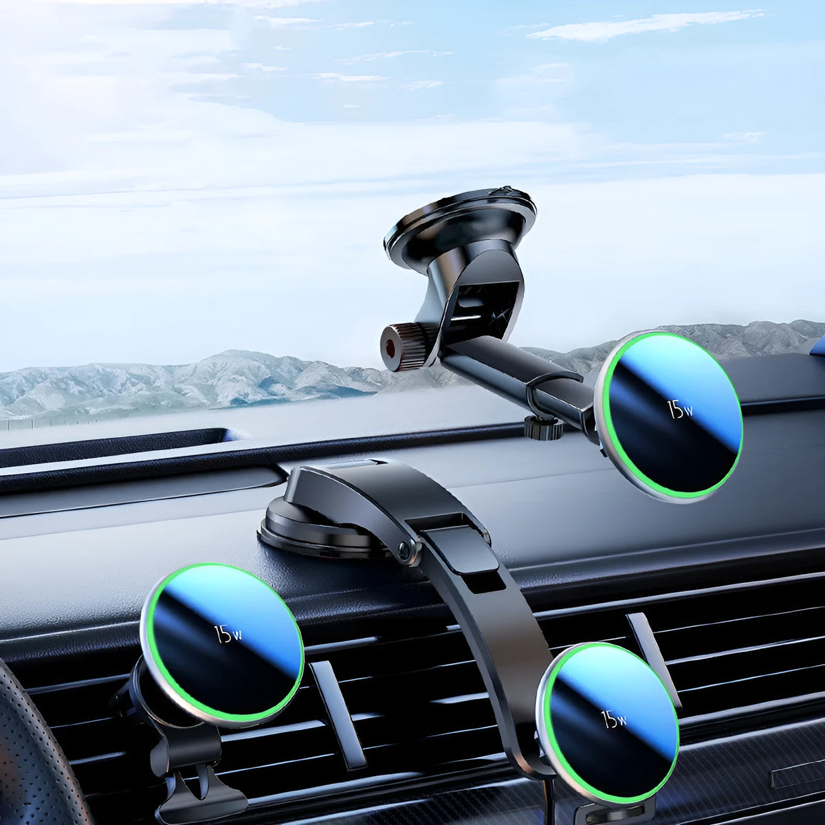 Magnetic wireless charging car bracket with suction cup mount for air outlet or dashboard, 15W output