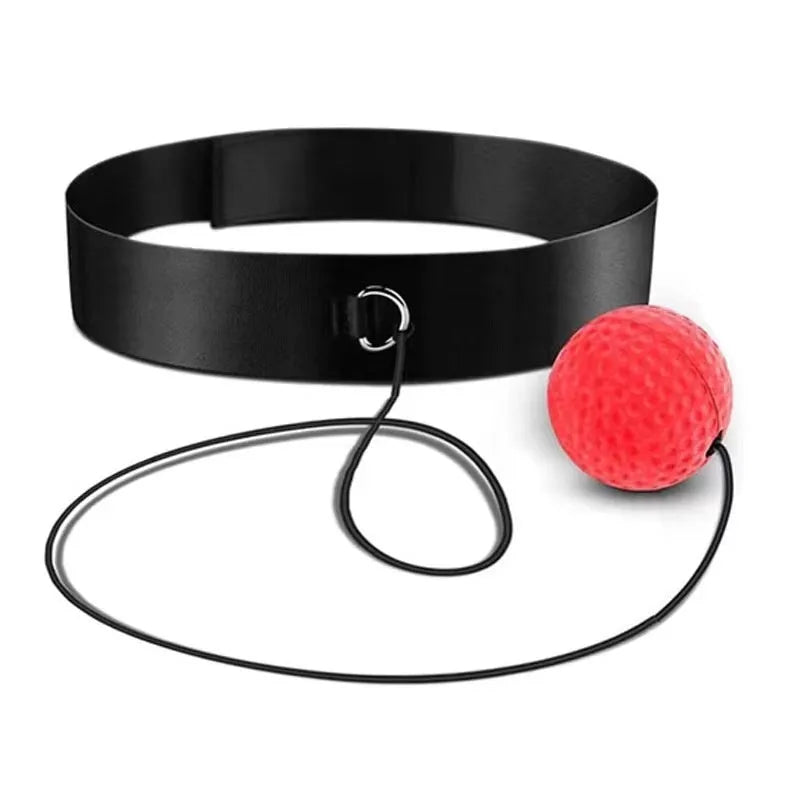 Head-mounted boxing reaction training ball set showing adjustable headbands and different coloured balls.