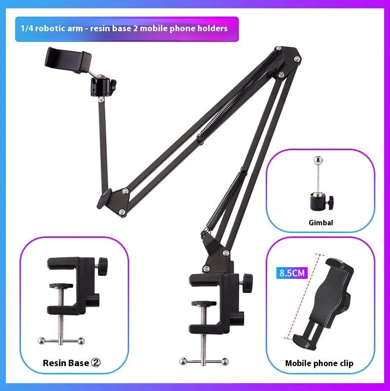 Black foldable metal desktop cantilever bracket holding a tablet at an angle.
