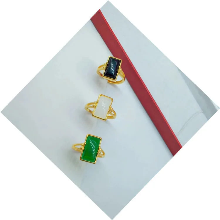 Adjustable brass gold-plated ring with electroplated artificial gemstone inlay in national style design