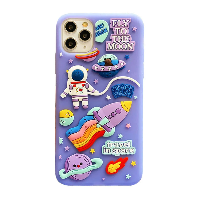 Spaceman purple silicone gel phone case with cartoon astronaut design for iPhone
