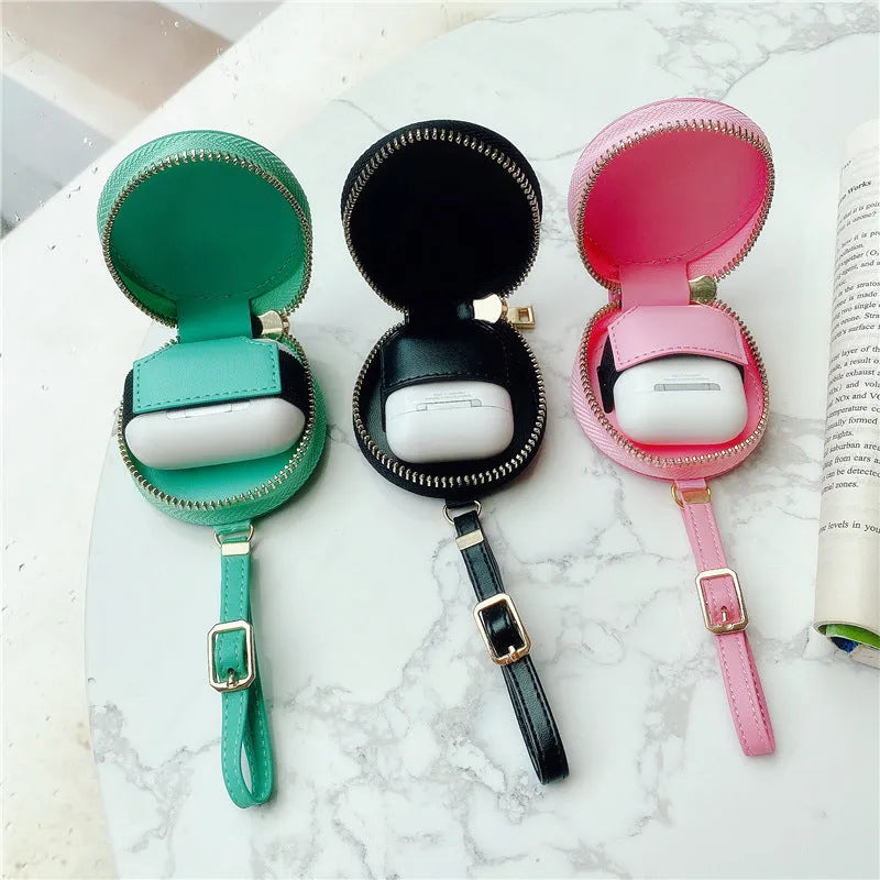 Wallet-style Bluetooth headset protective case with zipper and imitation leather finish in green, pink, red, purple, or black.