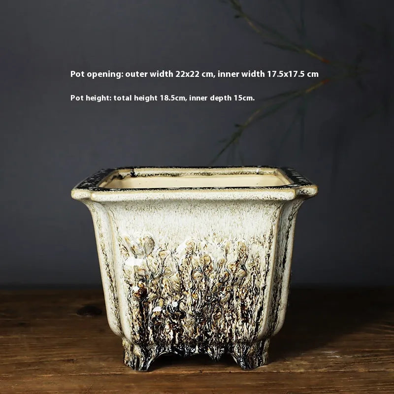 Square ceramic decals stoneware flower pot 22cm, green glaze change finish, placed on wooden desktop with small plant inside