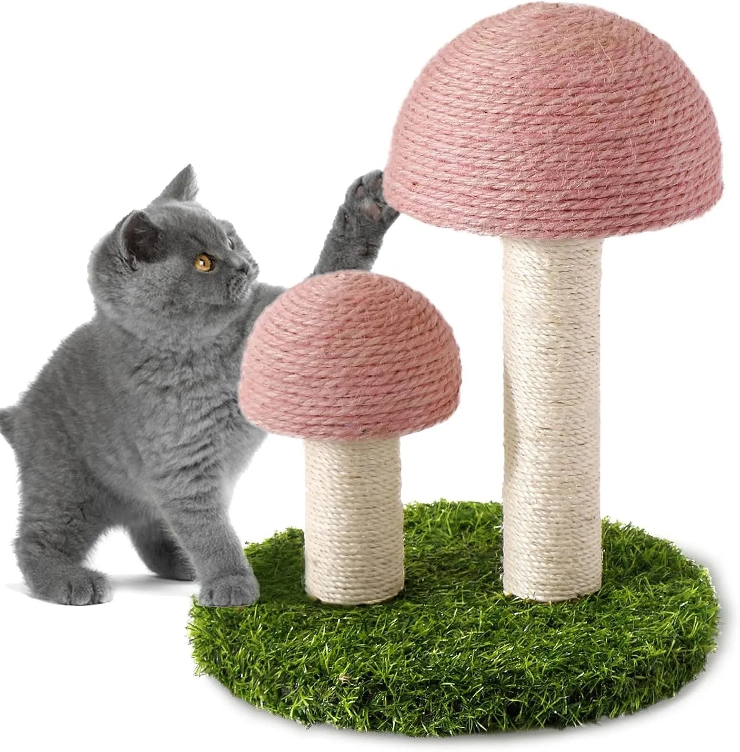 Pink mushroom-shaped cat scratching post with natural sisal scratching surfaces for kittens.