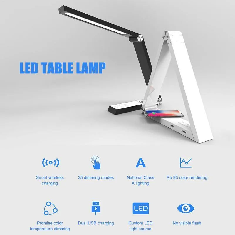 LED triangle desk lamp with wireless charging pad and USB port, 93 CRI, touch dimming, black colour