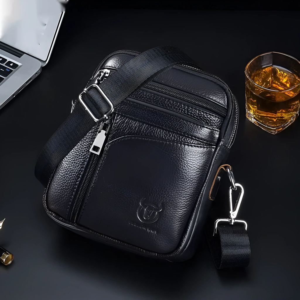 Men's black genuine leather shoulder messenger bag with retro styling and adjustable strap