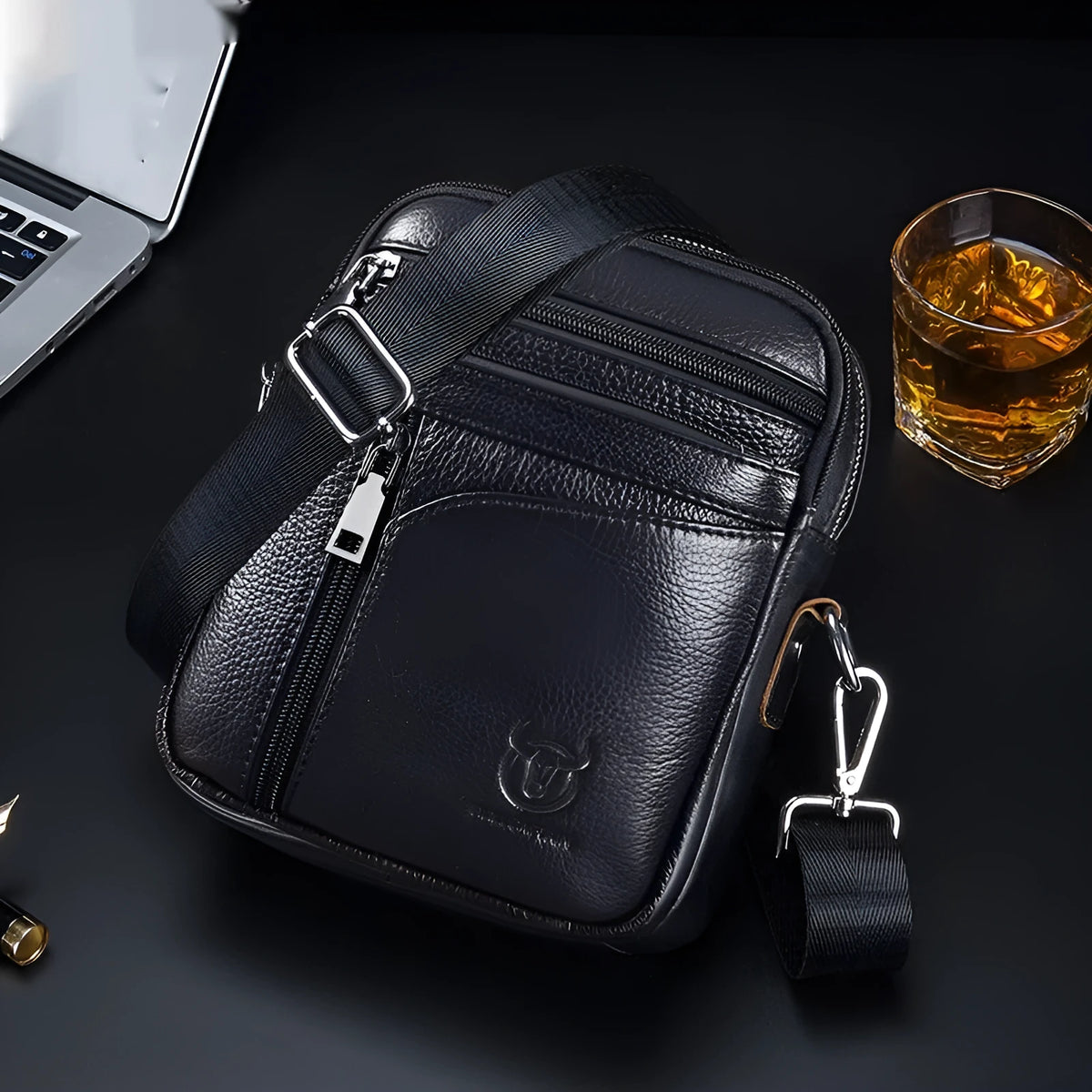 Men's black genuine leather shoulder messenger bag with retro styling and adjustable strap