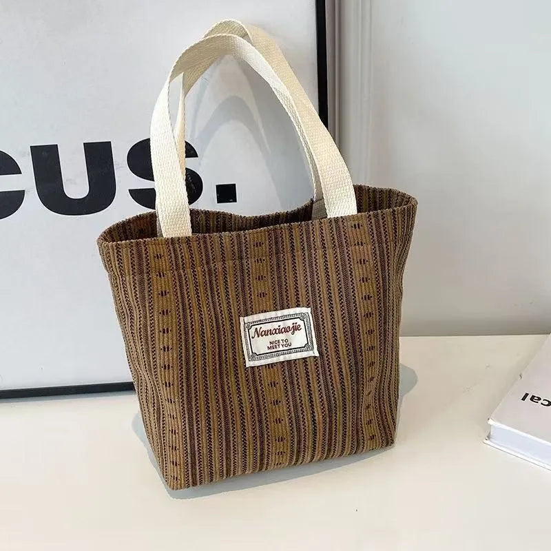 Japanese style corduroy handbag in ivory white, grey, or dark brown with large capacity