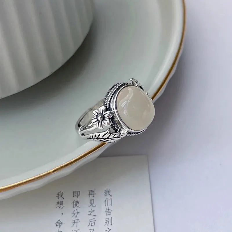 White chalcedony vintage ring with adjustable opening and antique copper finish