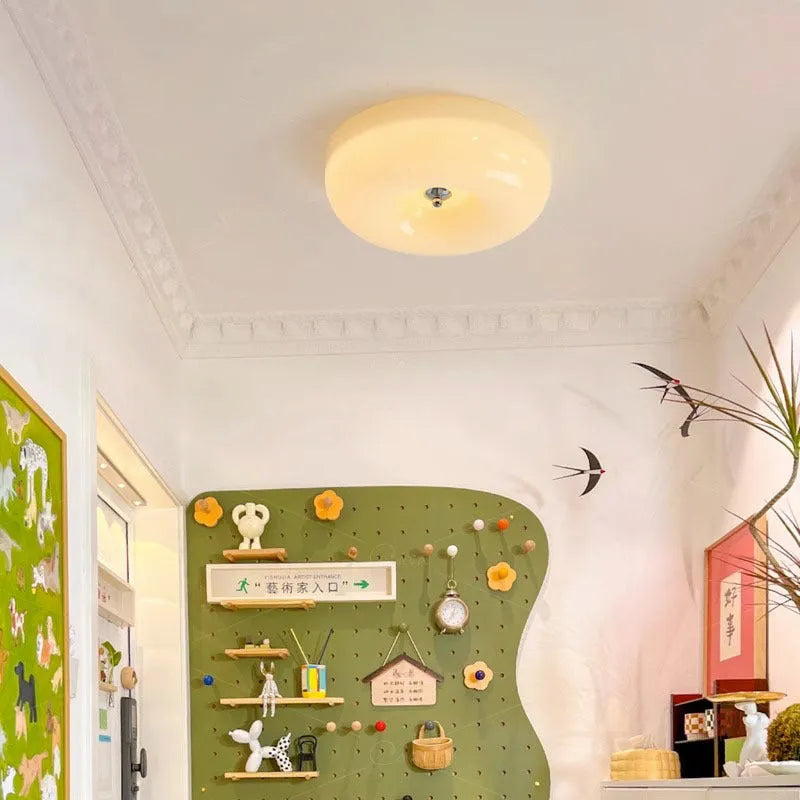 American style cream coloured bedroom ceiling light fixture with three-colour settings.