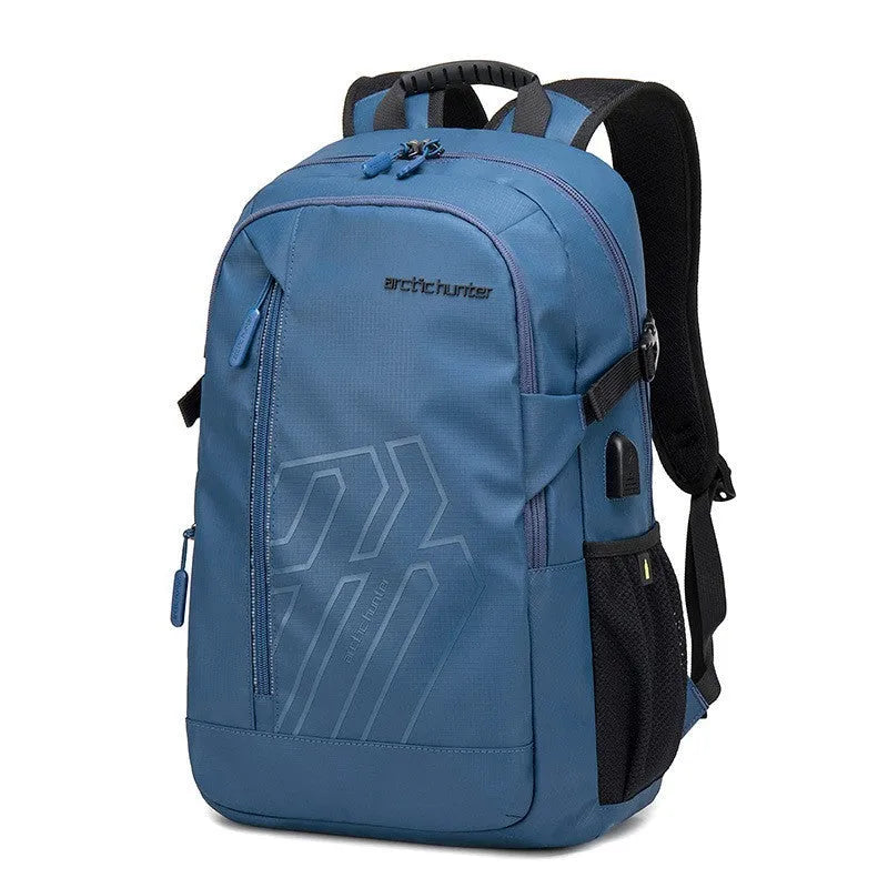 18-inch plaid polyester computer backpack with curved shoulder strap in blue, black, grey, or orange